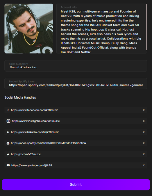 Social Media Links: Add all your socials - Instagram, YouTube, SoundCloud, etc.