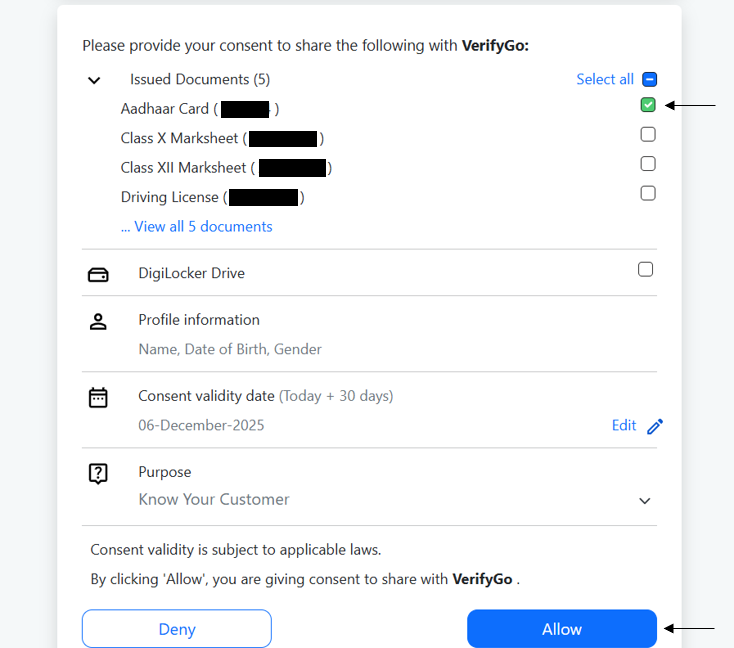 10\. A final DigiLocker popup will appear. Tick on Aadhaar Card and click Allow.