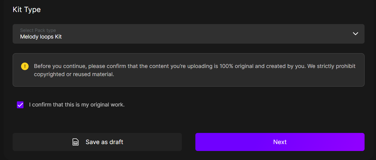 This is the starting step. ✔ Select Your Pack Type Choose the type of sound kit you are uploading from the